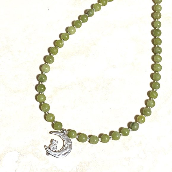 Serpentine Silver Cat on the Moon Necklace, Genuine Gemstone Beaded Necklace - Picture 6 of 9